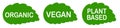 Plant based vegan food product label. Green leaf-shaped stamp. Logo or icon. Plant-based diet. Sticker. Vegeterian. Royalty Free Stock Photo